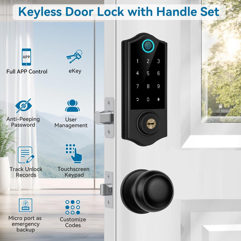 Harfo Fingerprint Smart Door Locks for Front Door with Handle Set  App Control  Keyless Entry Door Lock Keypad Deadbolt  Bluetooth Digital Electronic Touchscreen  Easy Install  Auto Lock  Black - Image 3
